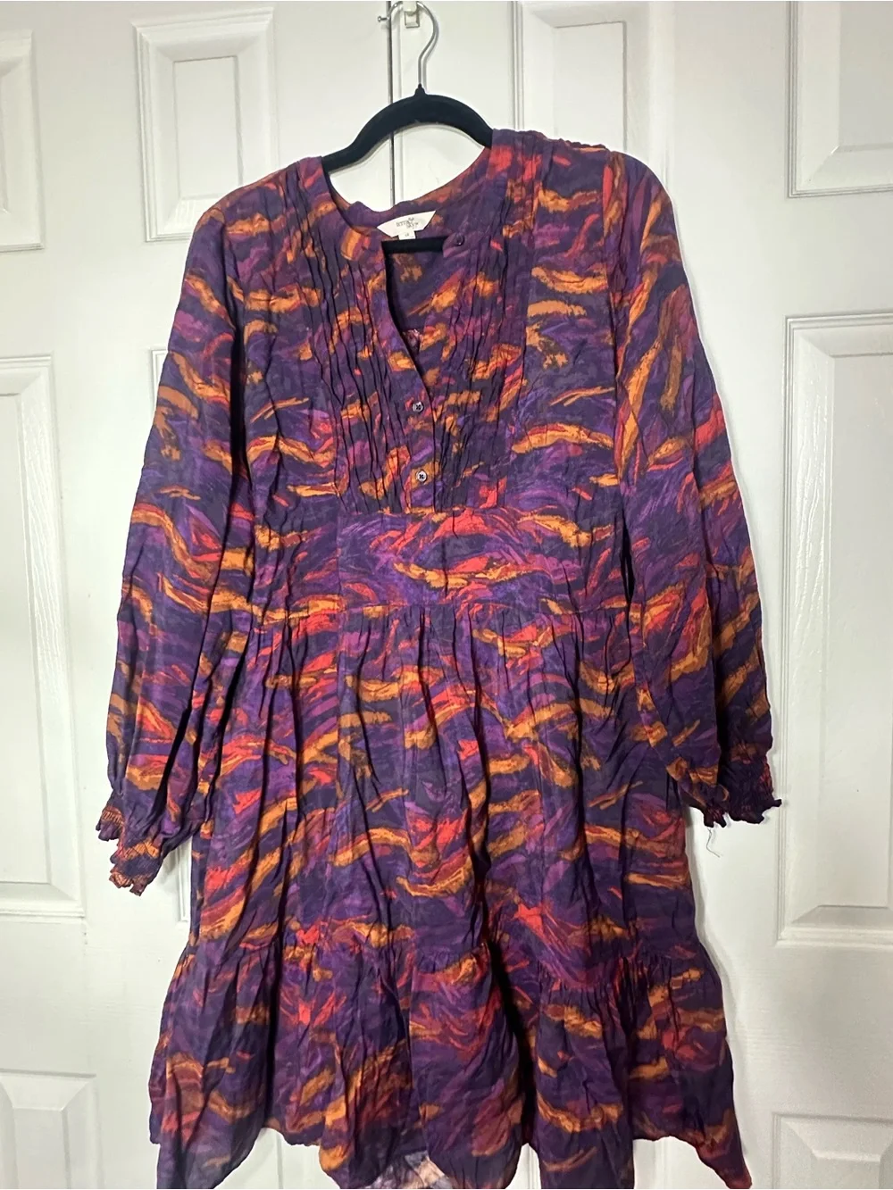 Terra & Sky 1X Purple Abstract Print Tiered Midi Dress Long Sleeve
